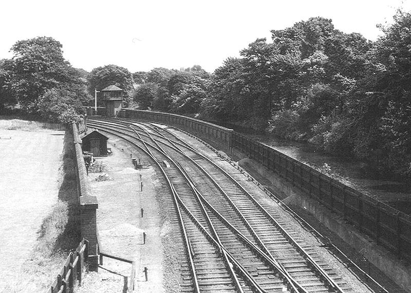 Looking towards Five Ways station showing the main lines curving towards the left and Church Road Junction Signal Box in the distance