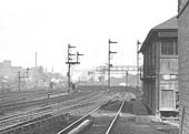 Looking north towards Saltley station with the old signal box on the right on Sunday 20th March 1955