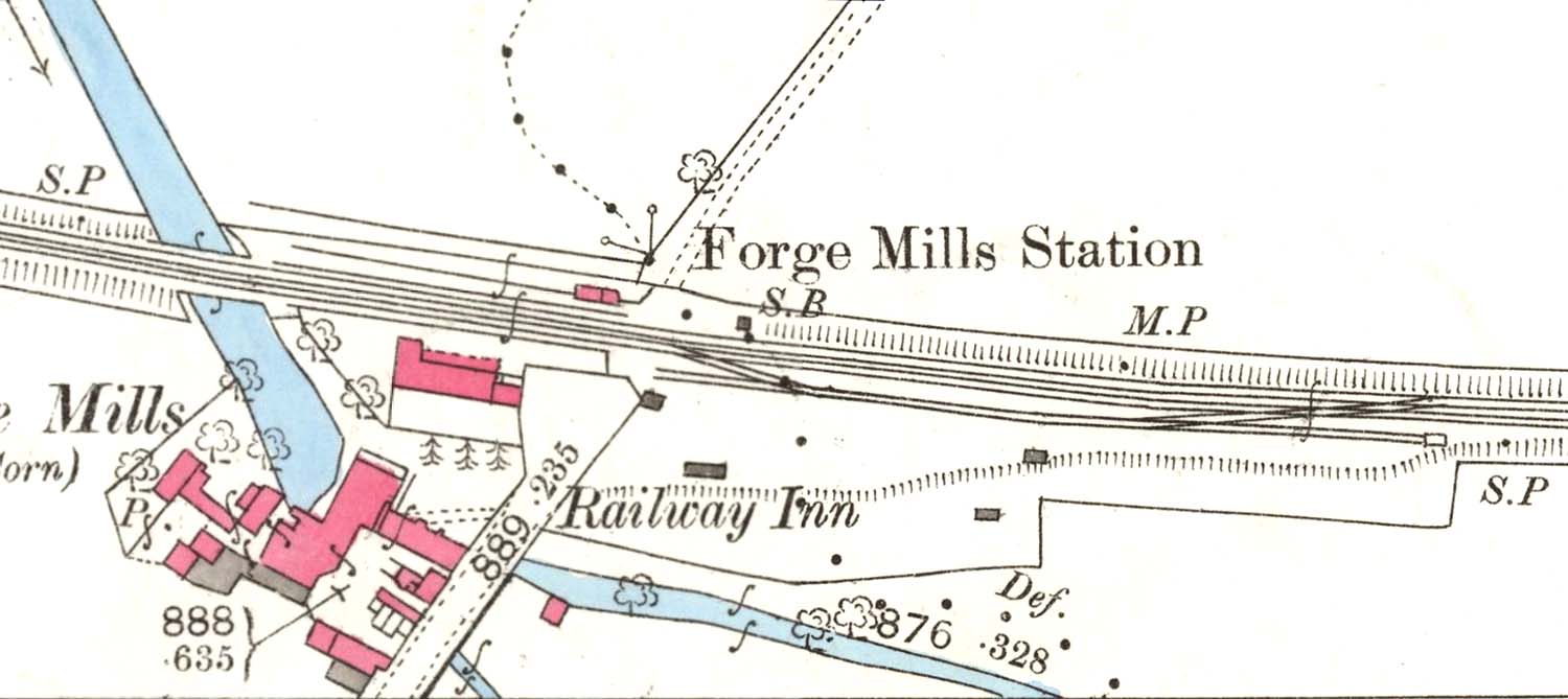 An 1886 25 inch to the mile Ordnance Survey map showing Forge Mills station and its goods yard