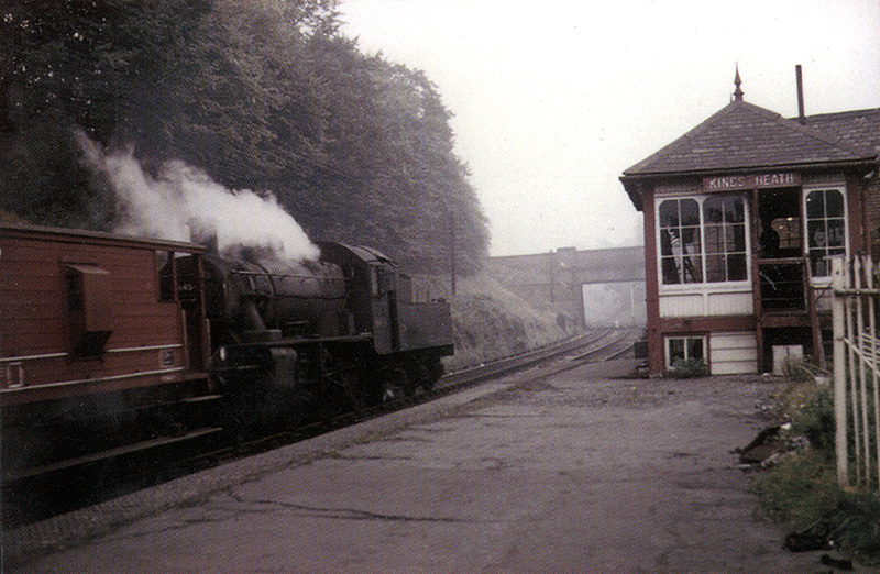 British Railways built Ivatt 4MT No 46454 runs tender first through Kings Heath with a guards van on its way to Camp Hill