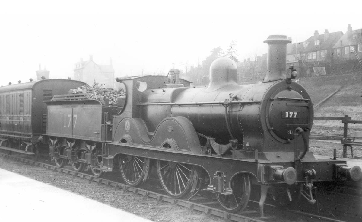 Ex-MR 1P outside-framed 2-4-0 No 177 on a local passenger service to Evesham on 7th March 1925