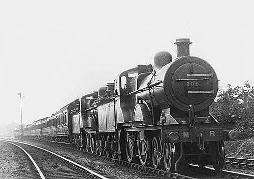 MR 4-4-0 2P No 501 is piloting class member MR 4-4-0 2P No 414 on an express train during August 1921