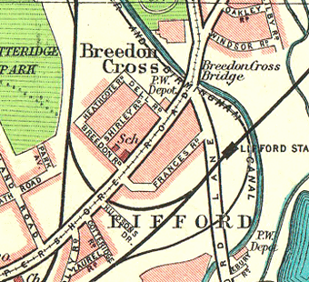 Map showing the main railway lines around Lifford Station, the long through siding and the surrounding roads