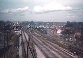 An elevated view of Northfield station showing the sidings on the up side and the four roads passing through