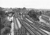 Looking towards Kings Norton from the gallery of the up goods line home bracket signal on 20th June 1954