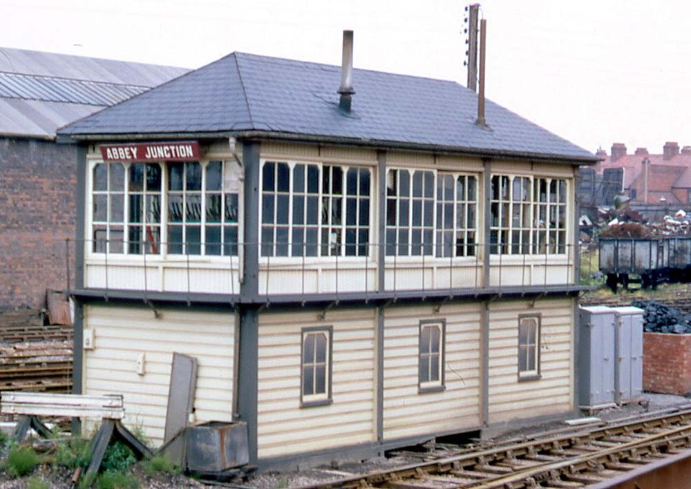 View of Abbey Junction Signal Box with the line to Leicester in the foreground and the line to the Trent Valley Line behind