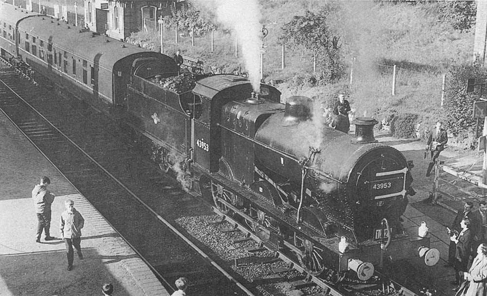 Ex-LMS 4F 0-6-0 No 43953 stands at the up platform at the head of the RCTS 'Midland Locomotive Requiem' railtour