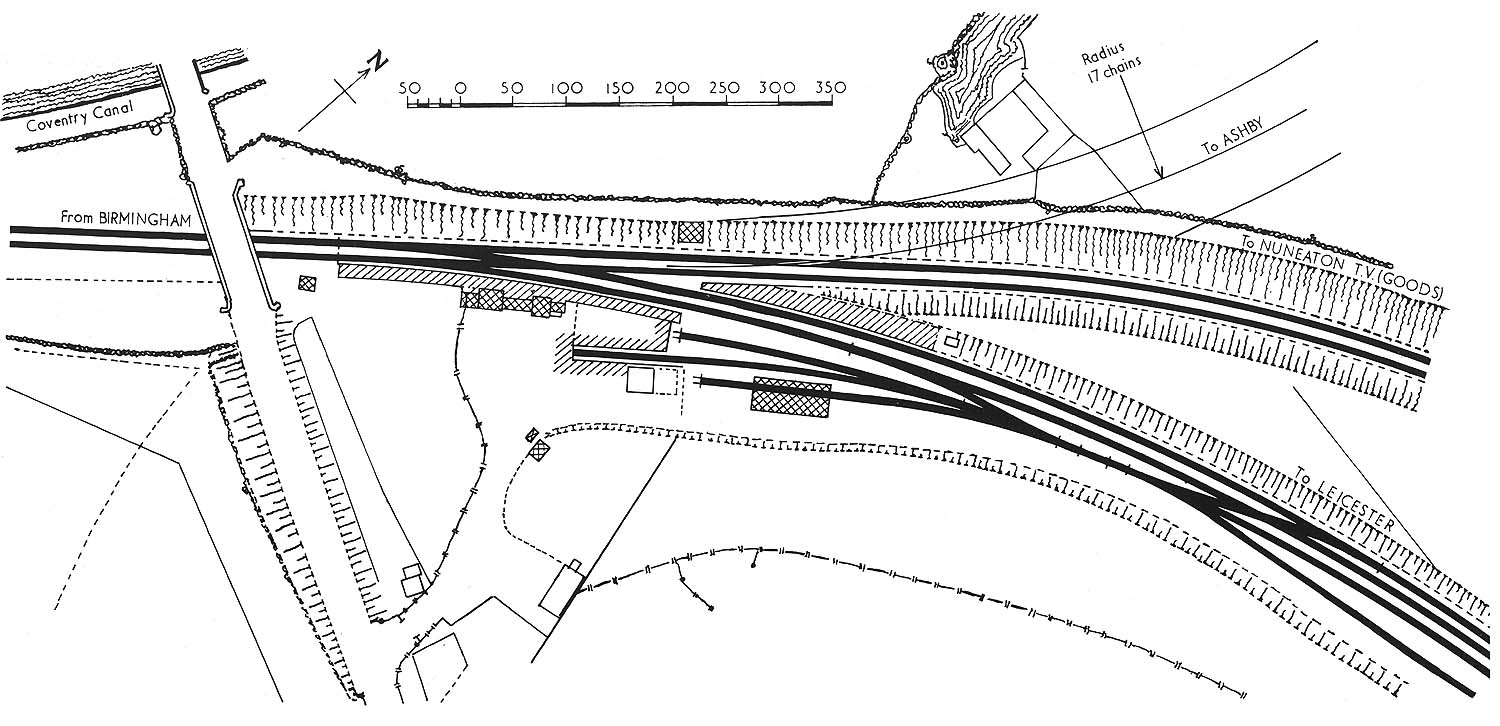 A pre-1873 plan of the original 1864 MR station at Nuneaton  located on the Leicester side of Midland Road