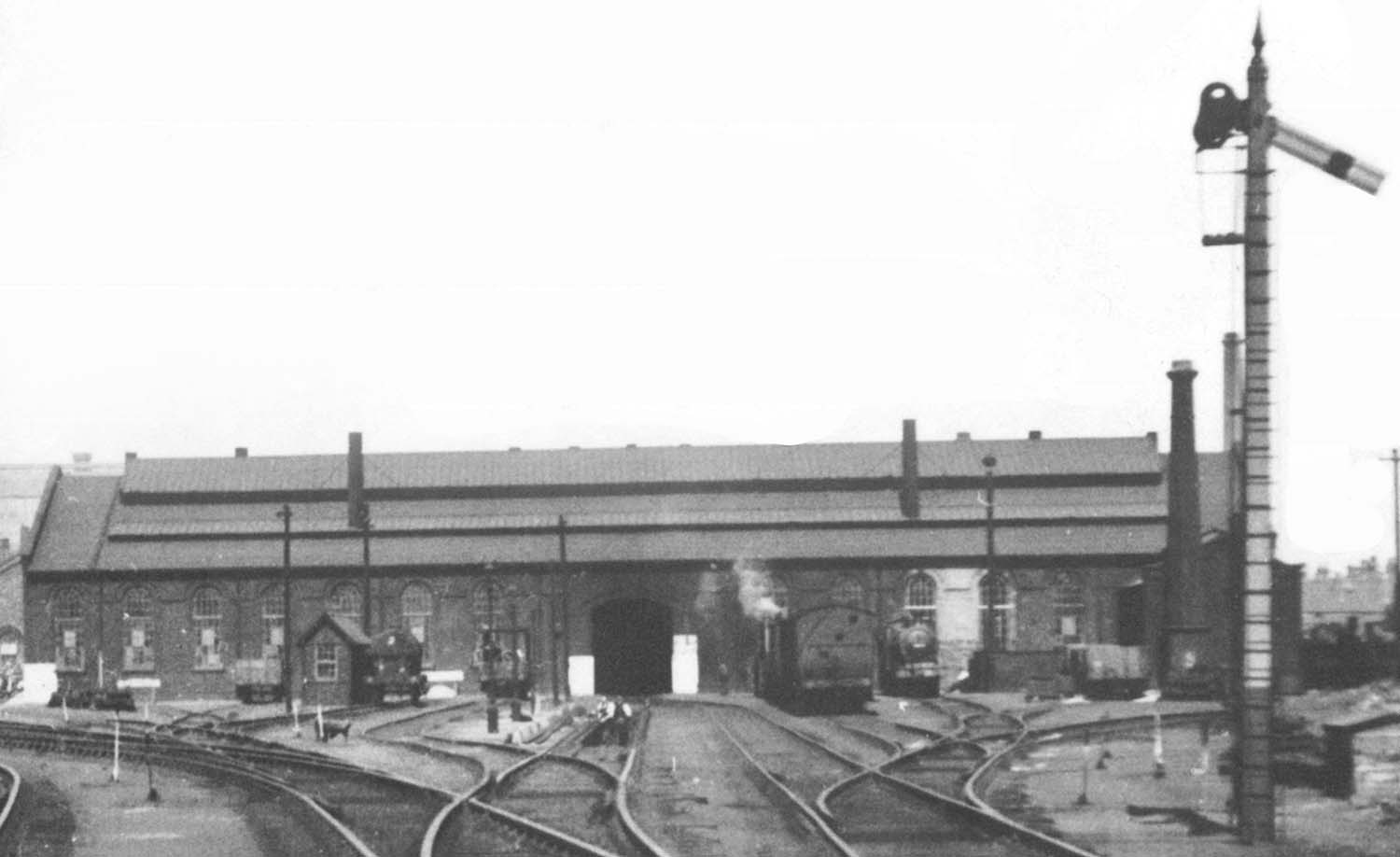 Close up of Saltley No 3 Shed with one access road through to the 60 foot turntable and on the right the Sand House and chimney used to dry the sand