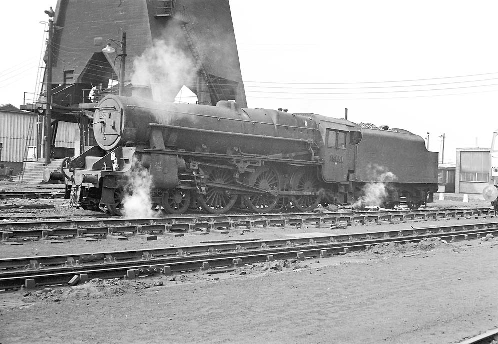 Ex-LMS 5MT 4-6-0 No 45051 stands alongside Saltley shed's coaling plant as standby engine for New Street station and other services