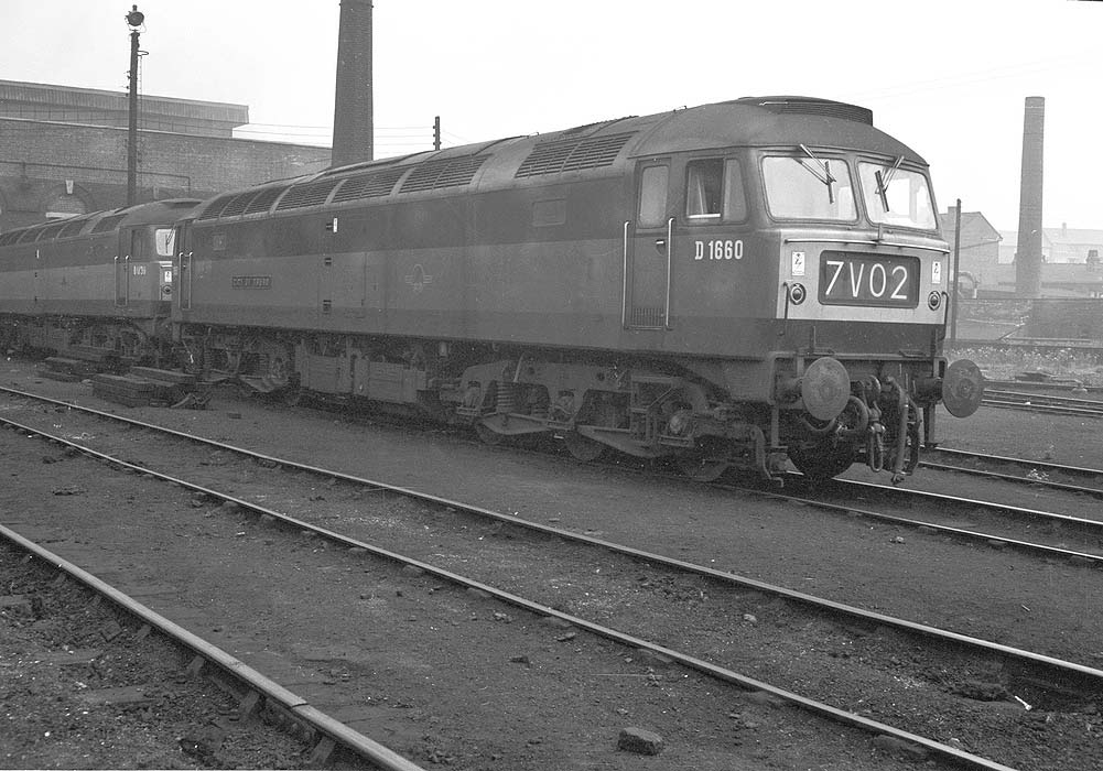 British Railways Type 4 Diesel locomotives D1660 'City of Truro' and D1730 are seen standing in front of No 3 roundhouse
