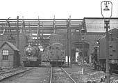 A general external view looking towards Saltley shed's No 3 roundhouse with locomotives stabled outside