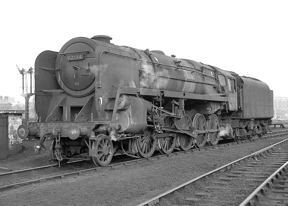 British Railways Standard Class 9F 2-10-0 No 92134 stands on the road leading into Saltley shed on 25th March 1964