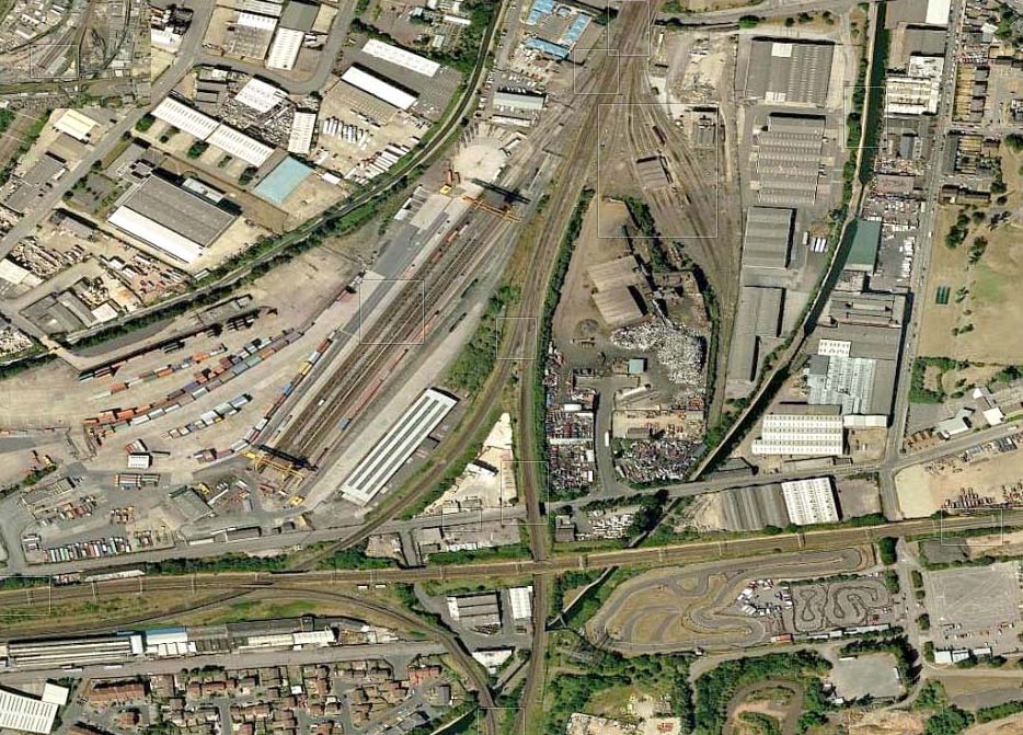 A 2012 satellite view of Saltley shed, the line between Washwood Heath and Camp Hill and the main New Street to Euston line