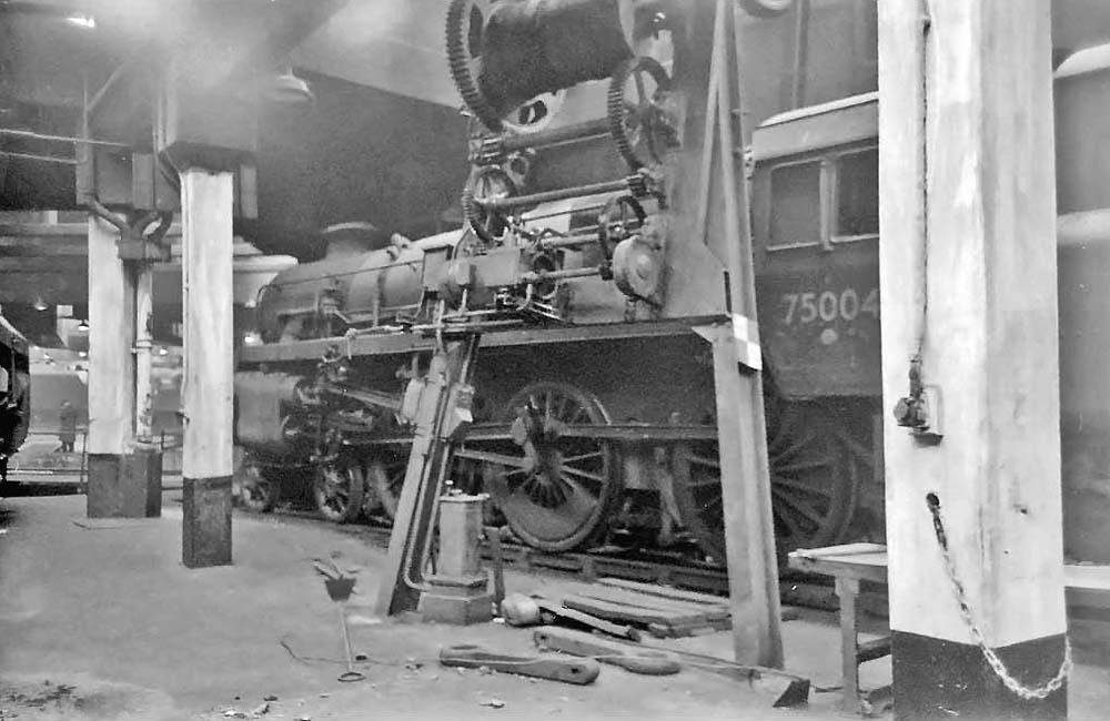 British Railways Standard Class 4 4-6-0 No 75004 is seen standing inside Saltley shed on 13th March 1956