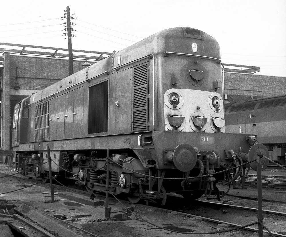 British Railways Type 1 Bo-Bo D8111 stands outside of Saltley shed during the summer of 1969
