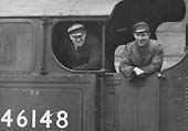 Dave Barrow's 'Uncle Bert', the fireman on the right, poses for the camera on ex-LMS 4-6-0 No 46148 'The Manchester Regiment'