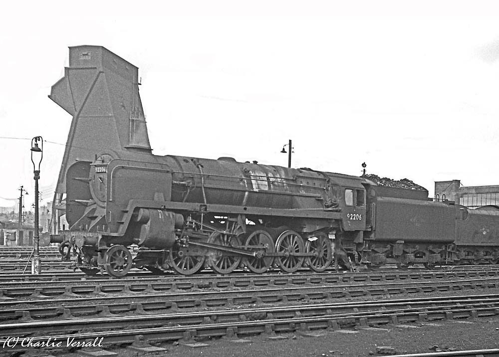 British Railways Standard Class 9F 2-10-0 No 92206 stands on one of the roads in front of Saltley shed on 27th October 1961
