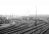 Looking towards Saltley shed with the new diesel accommodation on the right and a snow plough on the left circa 1972