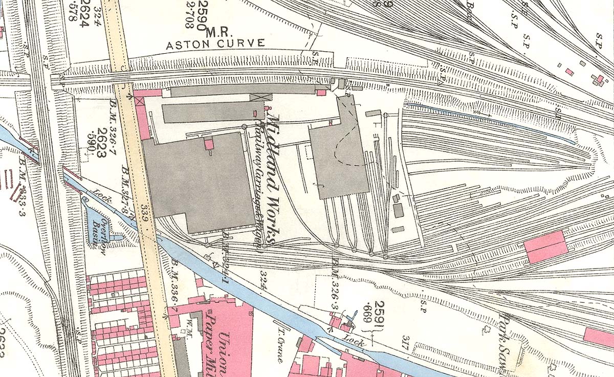 An 1887 Ordnance Survey Map showing the former MR Wagon Works and part of Saltley Shed