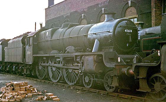 Ex-LMS 5XP 4-6-0 No 45614 'Leeward Islands' is standing on the back roads behind Saltley No 3 shed in May 1962