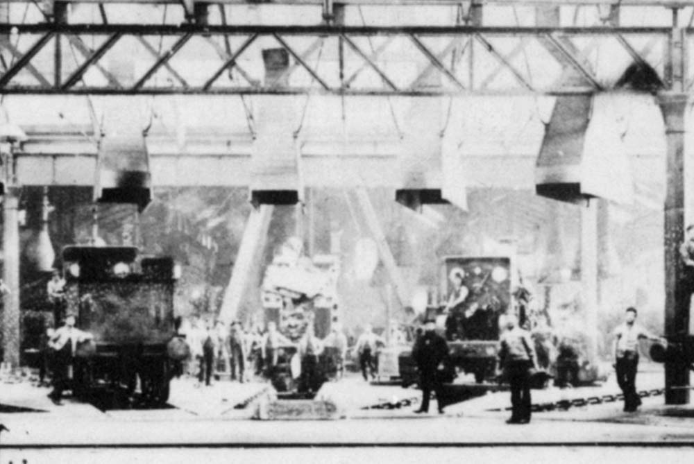 Close up showing the connecting road from No 2 shed to No 1 shed with two locomotives minus their tenders facing away from the camera