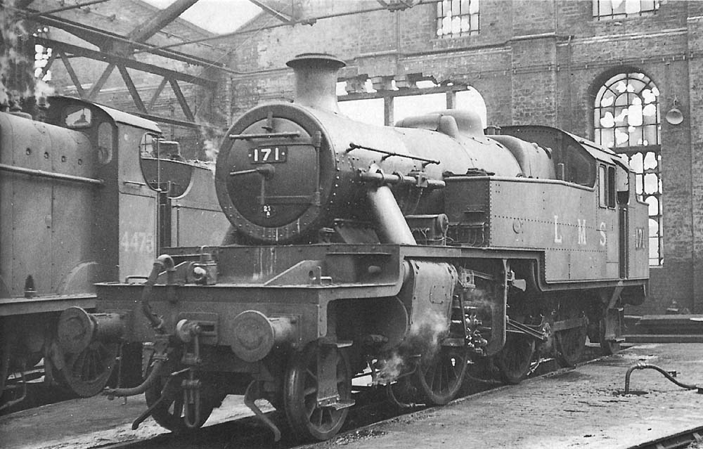 Ex-LMS 3P 2-6-2T No 171 is seen in March 1948 inside the shed shortly after being transferred from Kentish Town shed