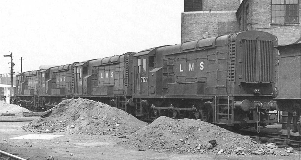LMS 0-6-0 Diesel Shunters No 7127, No 7129, No 7128 and No 7130 are stabled at Saltley shed on Sunday 25th July 1948