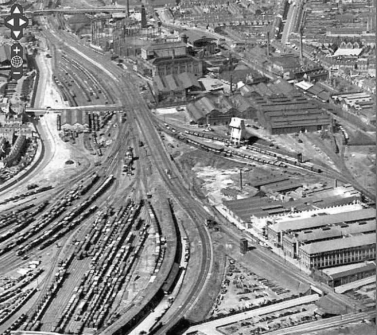 Aerial photograph of the Saltley area with Saltley LMS steam engine shed and the new coaling tower