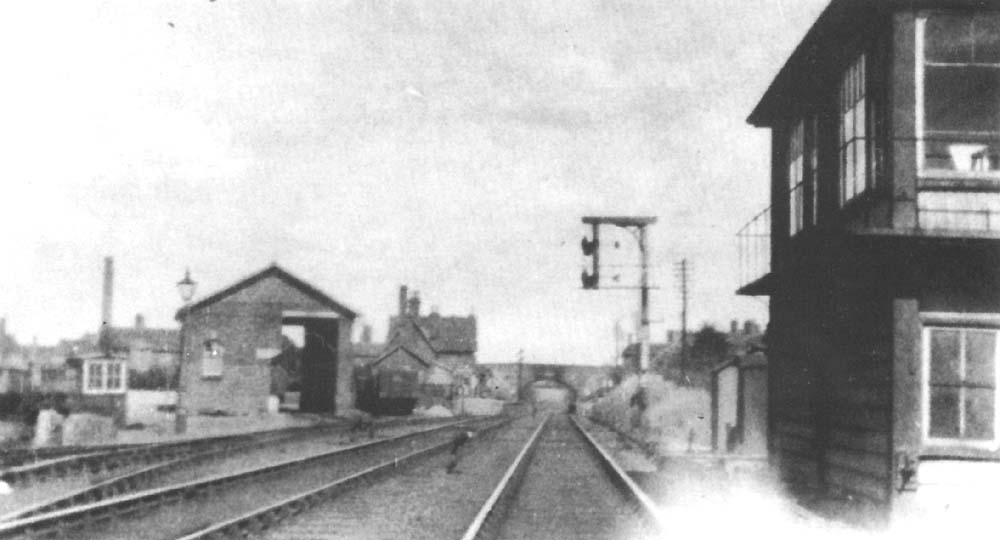 Looking towards Nuneaton with Stockingford Goods shed on the left and Stockingford Signal Box on the right