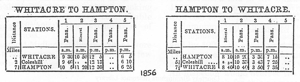 An 1856 Timetable showing four down and three up passenger trains between Hampton and Whitacre