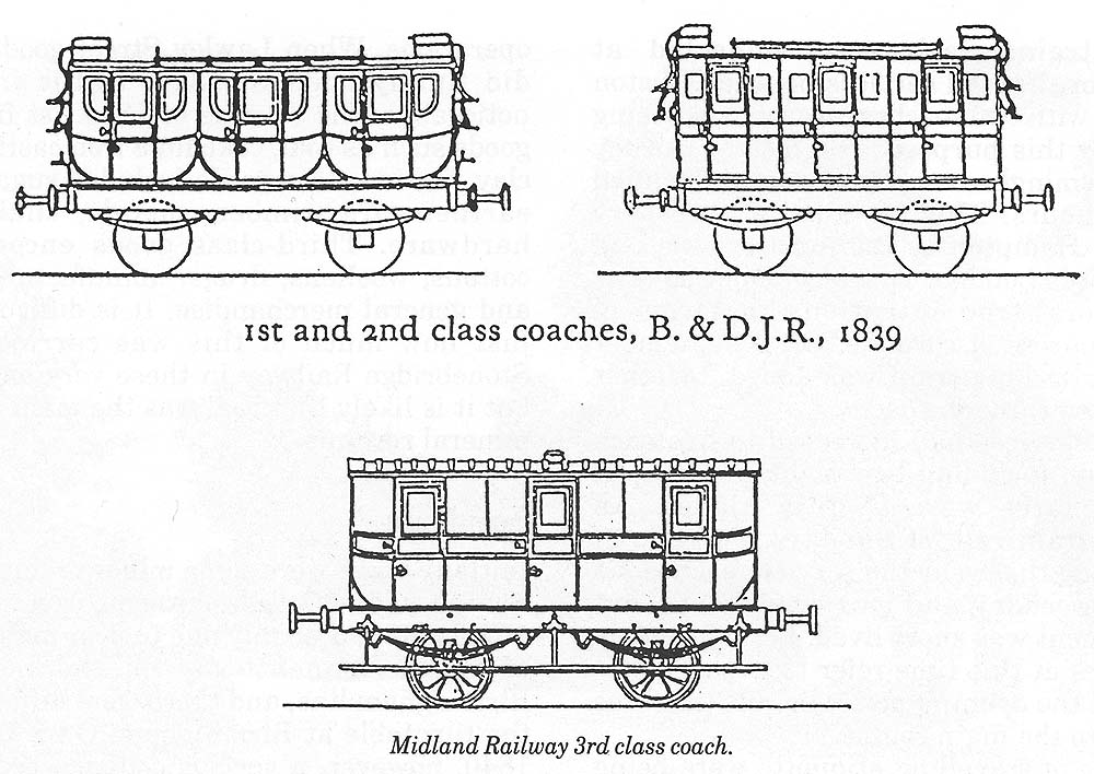 Schematic drawings of B&DJR 1839 First and Second Class carriages and a Midland Railway Third Class Carriage