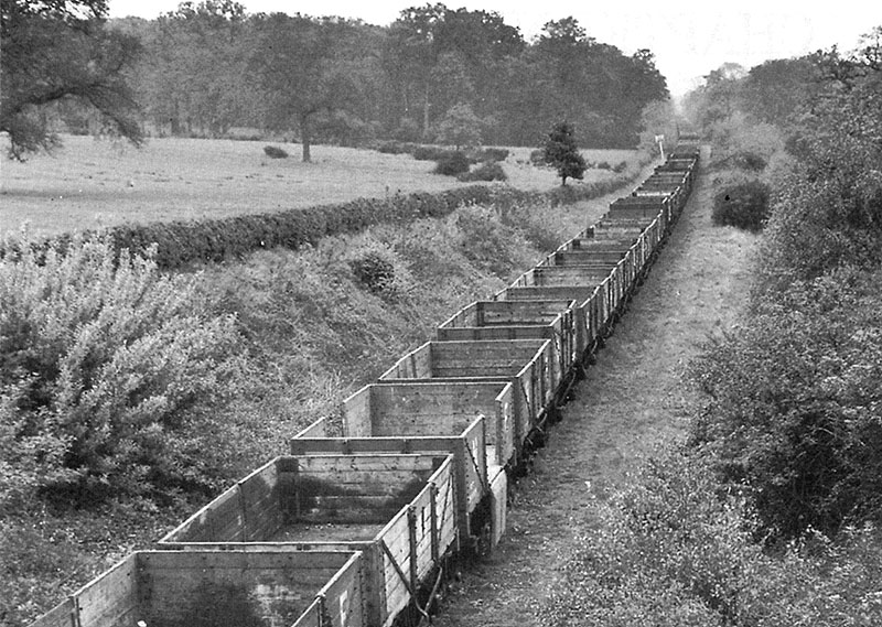 Bridge No 17 - Looking north from Packington Ford showing some of the hundred and eighty crippled wagons stored on the branch in 1949