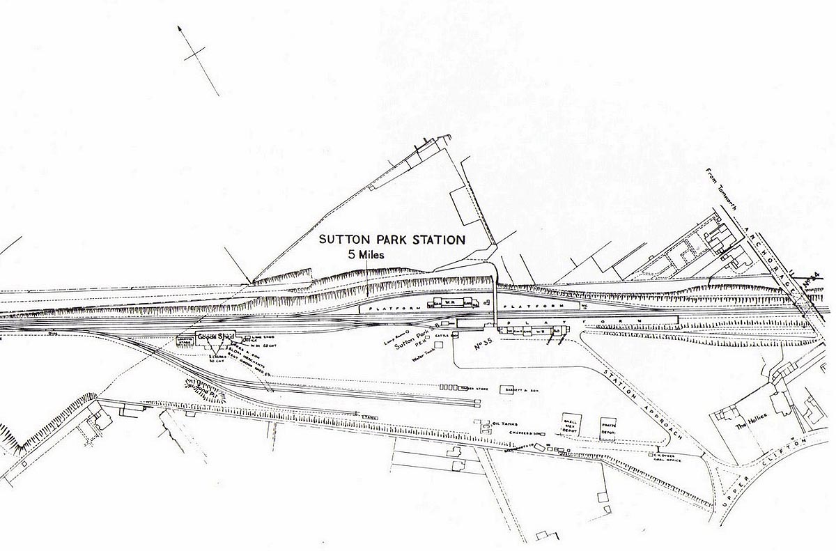 An Ordnance Survey map showing the layout of Sutton Park station and its associated goods yard and shed