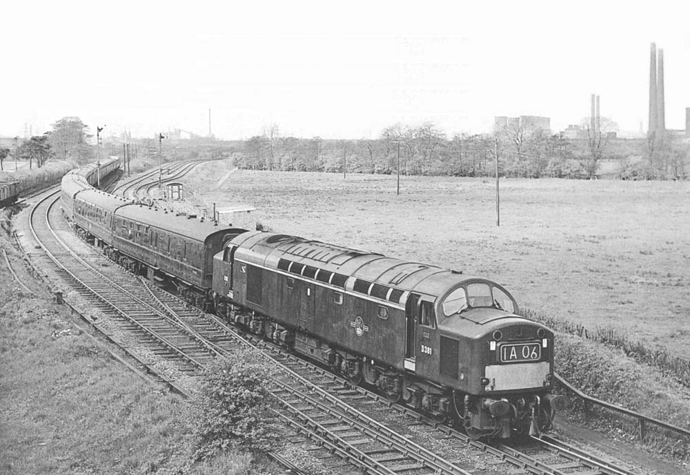 D381 approaches Whitacre Station from Coleshill at the head of the up Ulster Express on Sunday 3rd May 1964