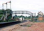 View looking towards Kingsbury with the line to Nuneaton curving away to the right behind the signal box on 3rd August 1969