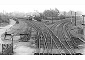 Looking north-west with the lines to Derby on the left and the lines to Leicester on the right circa 1949