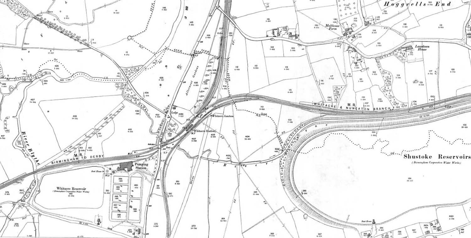 A 1902 25 inch to the mile Ordnance Survey map showing the four routes running into Whitacre Station