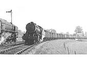 BR Standard Class 9F 2-10-0 No 92205 waits for ex-WD 2-8-0 'Austerity' No 90201 to clear the single line from Stratford upon Avon on 15th May 1960