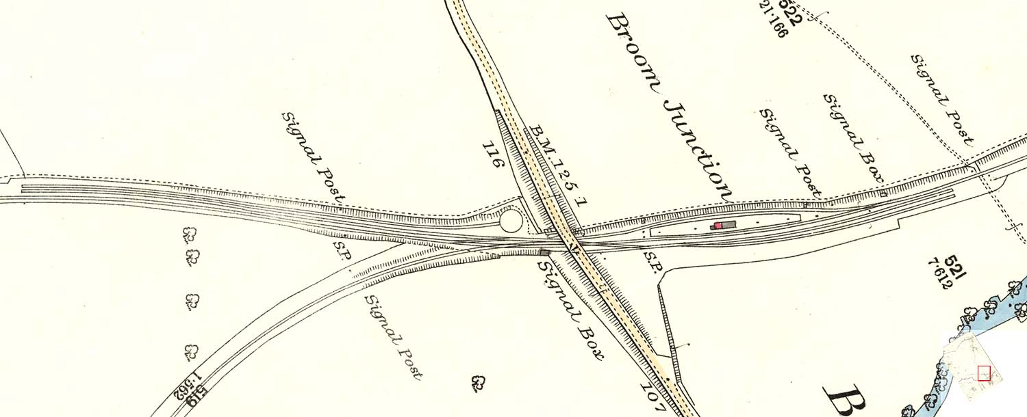 An 1885 25 inch to the mile Ordnance Survey map showing the layout of Broom Junction Station