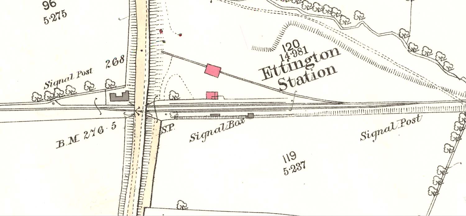 Close up of the 1885 25 inch to the mile Ordnance Survey map of Ettington station and goods yard and shed