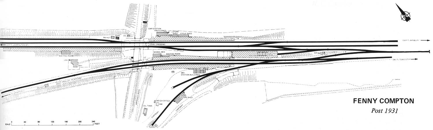 A schematic drawing of the layout and juxtaposition of Fenny Compton's E&WJR and GWR stations in the 1930s