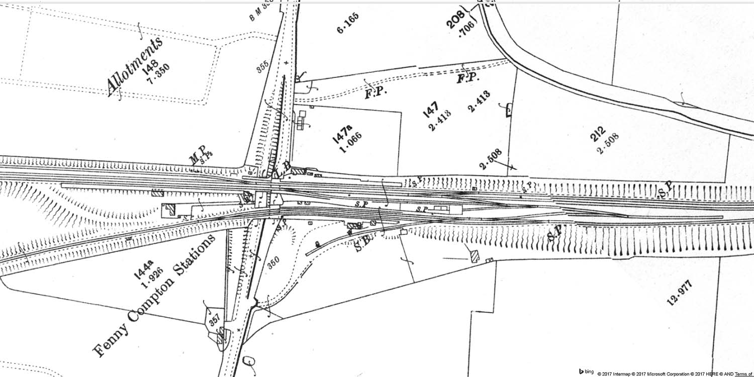A 1904 25 inch to the mile Ordnance Survey map showing Fenny Compton's GWR and E&WJR stations