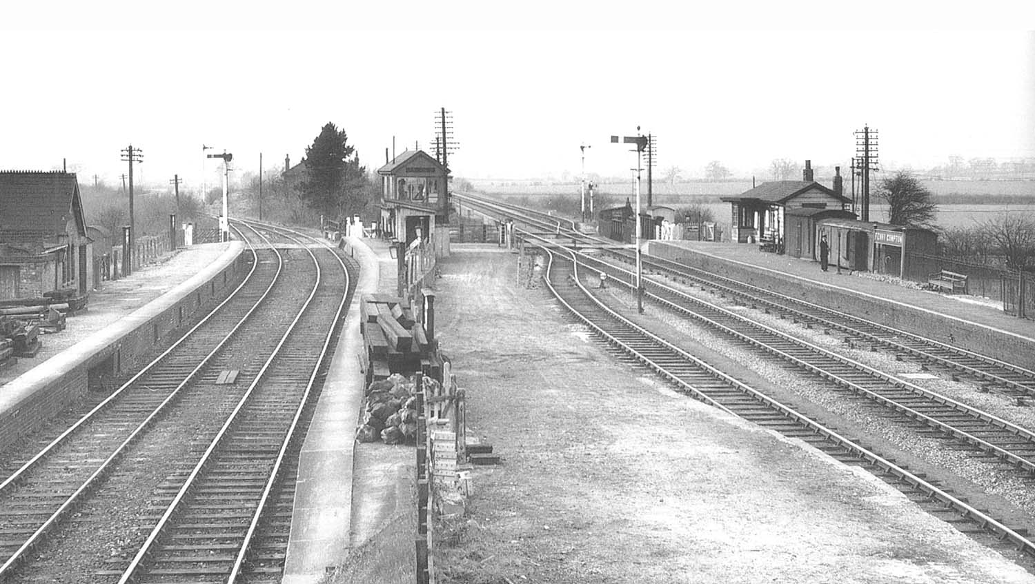 View of the two stations with the E&WJR line to Stratford upon Avon on the left and the GWR line Leamington on the right