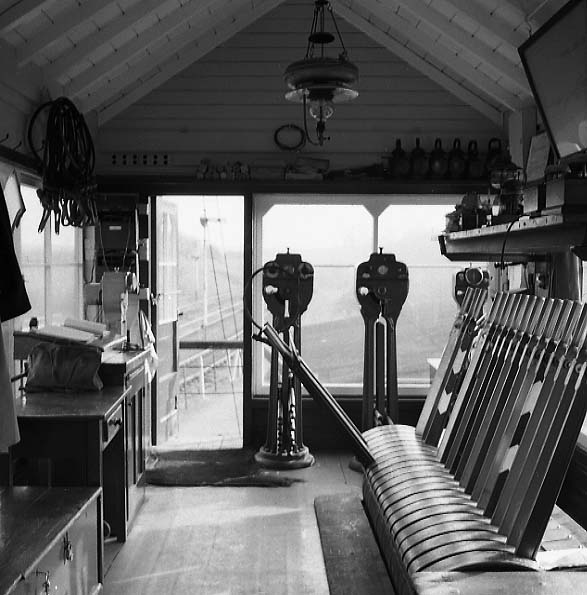 An internal view of Fenny Compton's joint GWR/LMS Signal Box showing the two staff machines for the blocks eitherside of the signal box
