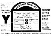 A Wagon Label specifically for the handling of explosives on a wagon being forwarded to Burton Dassett Sidings