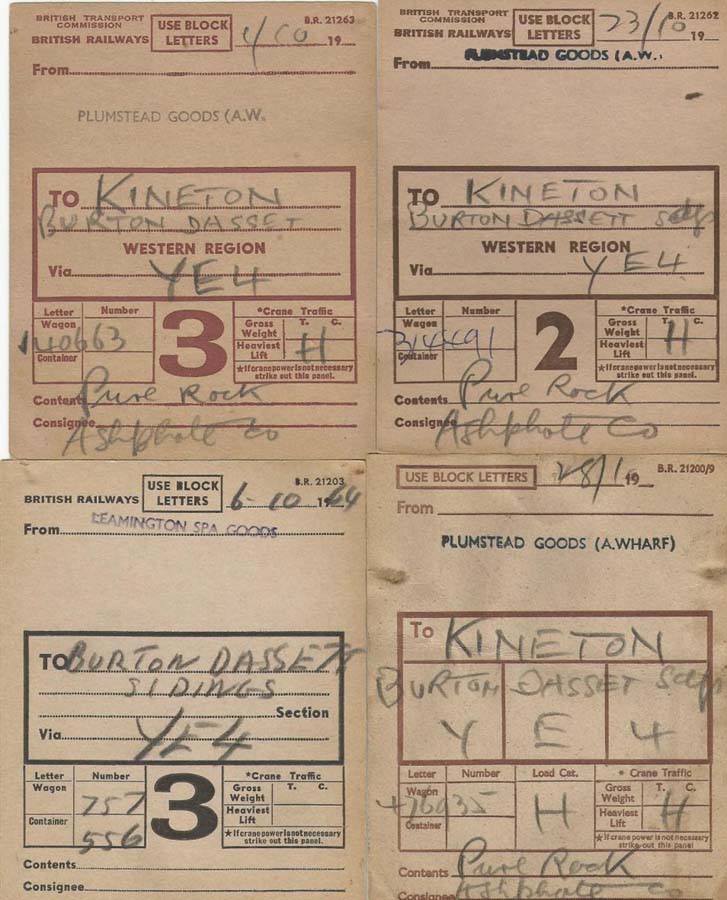 Four British Railways wagon labels stating contents are Pure Rock from various locations to Burton Dassett Sidings