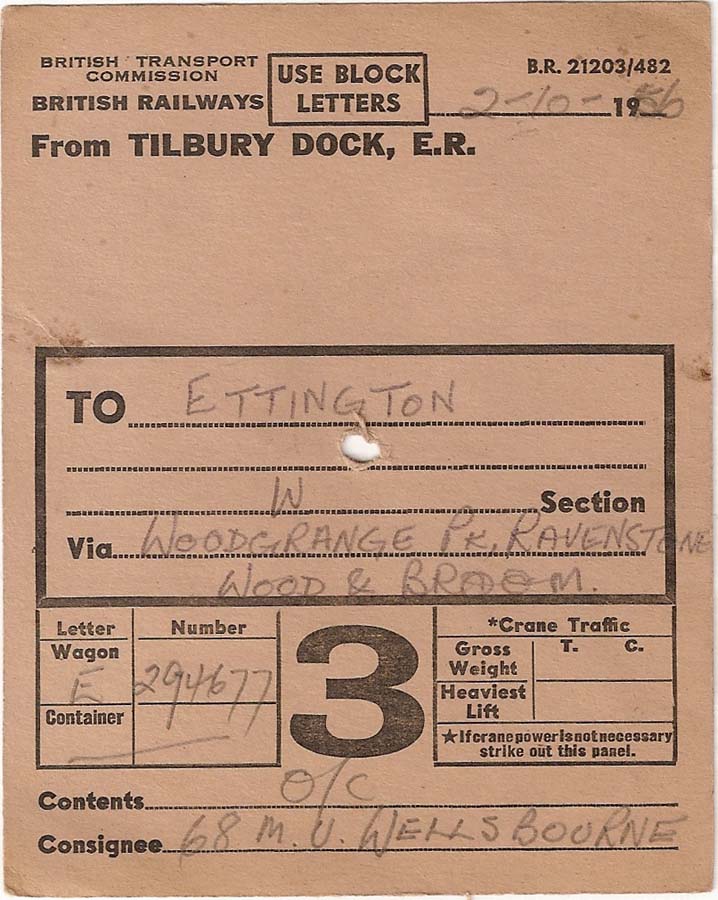 A British Railways Wagon Label from Tibury Dock (Eastern Region) to Ettington dated 2nd October 1956