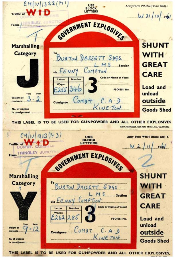 War Department Wagon Labels for handling of government explosives to Burton Dassett Sidings