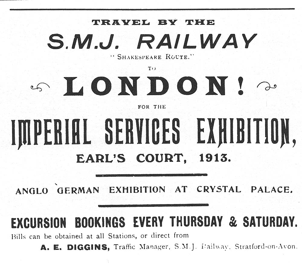 A Stratford & Midland Junction Handbill advertising excursions to the Imperial Services Exhibition at Crystal Palace in 1913